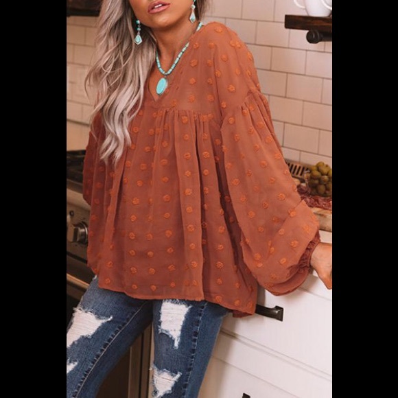 Lovely Deep V Neck Fold Design Loose Orange Tunic Style Blouse - Picture 3 of 9